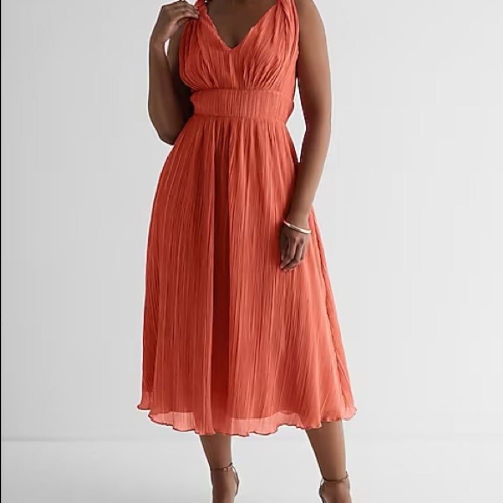 Pleated Twisted Halter Neck Midi Dress